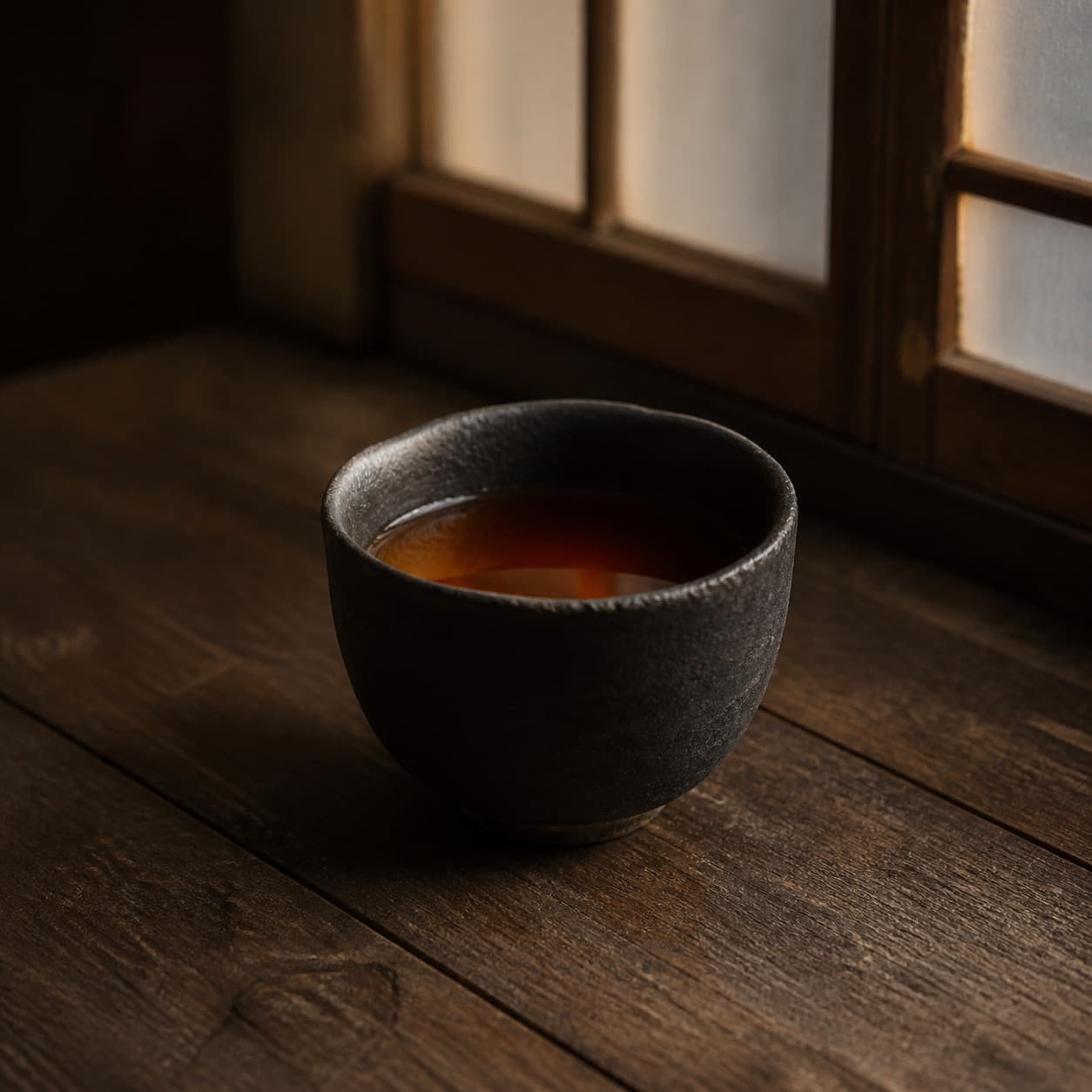 黒い陶器に注がれた深い色の夕暮れの茶