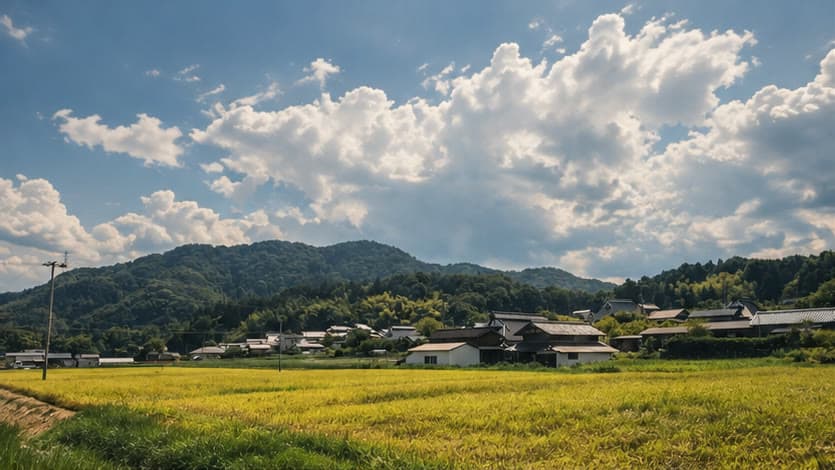 大きな白い雲の下に広がる稲田と山里