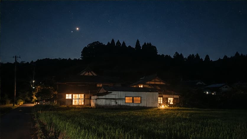 星空の下、田の向こうに明かりがともる山里の家