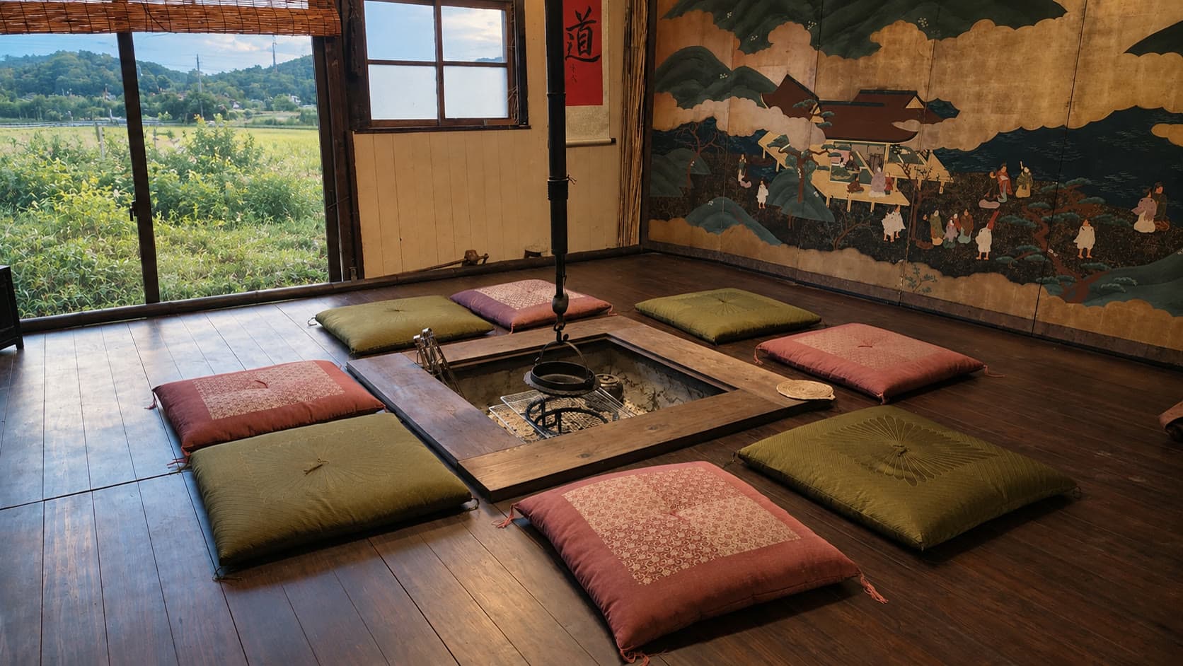田の景色に開かれた窓と座布団が囲む風山舎の囲炉裏