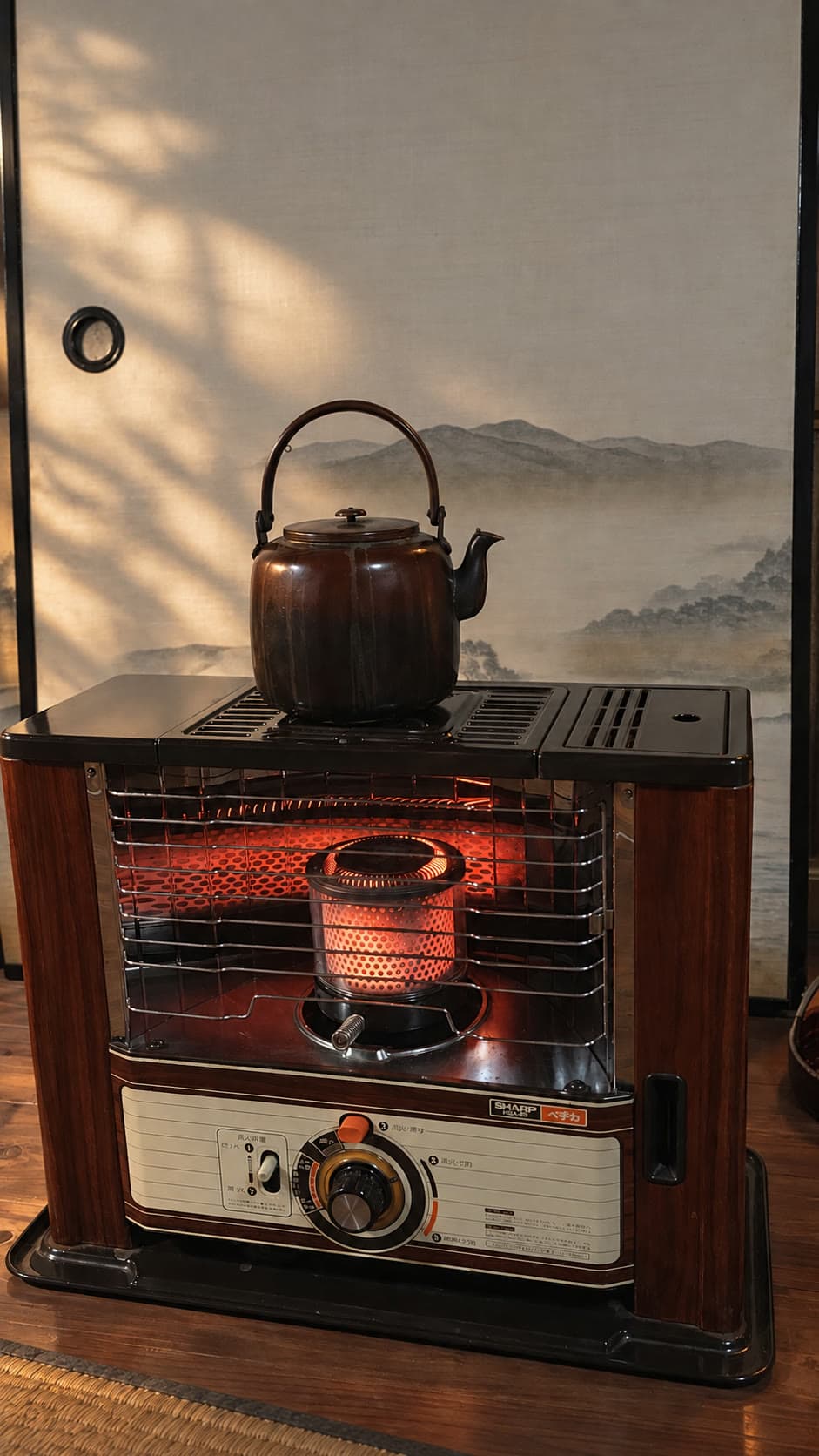 夕日の差す襖の前で、鉄瓶を温める古いストーブ